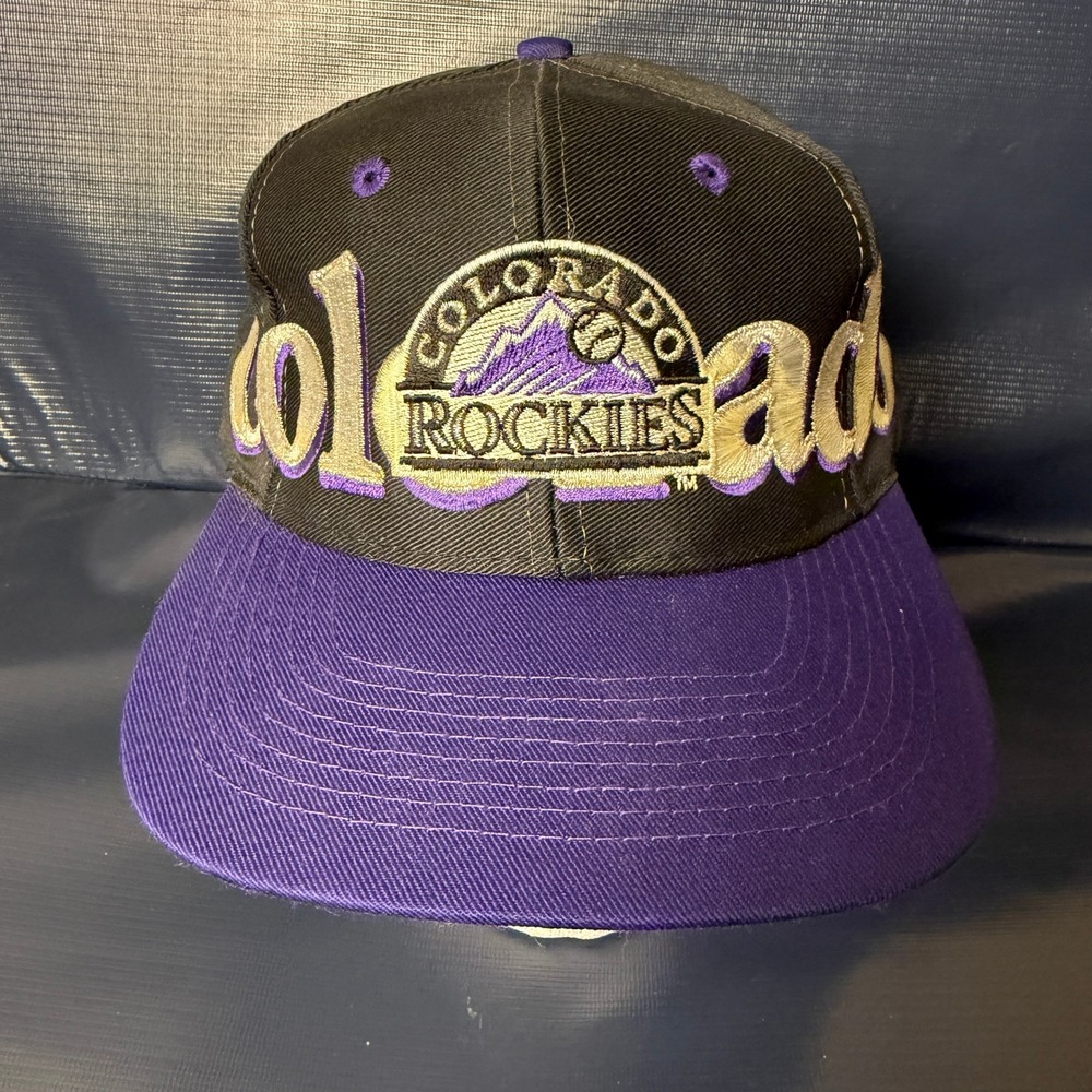 Vintage Colorado Rockies Logo 7 Snapback Hat MLB Baseball Cap Black Purple 90s